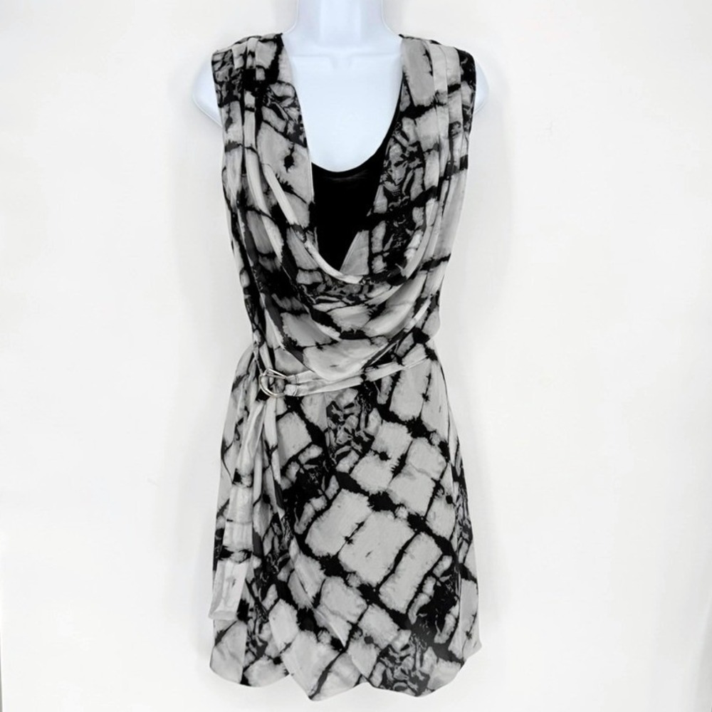 Charlie Jade Silk Tie Dye Cowl Belted Tulip Dress Black White Shibori Edgy M